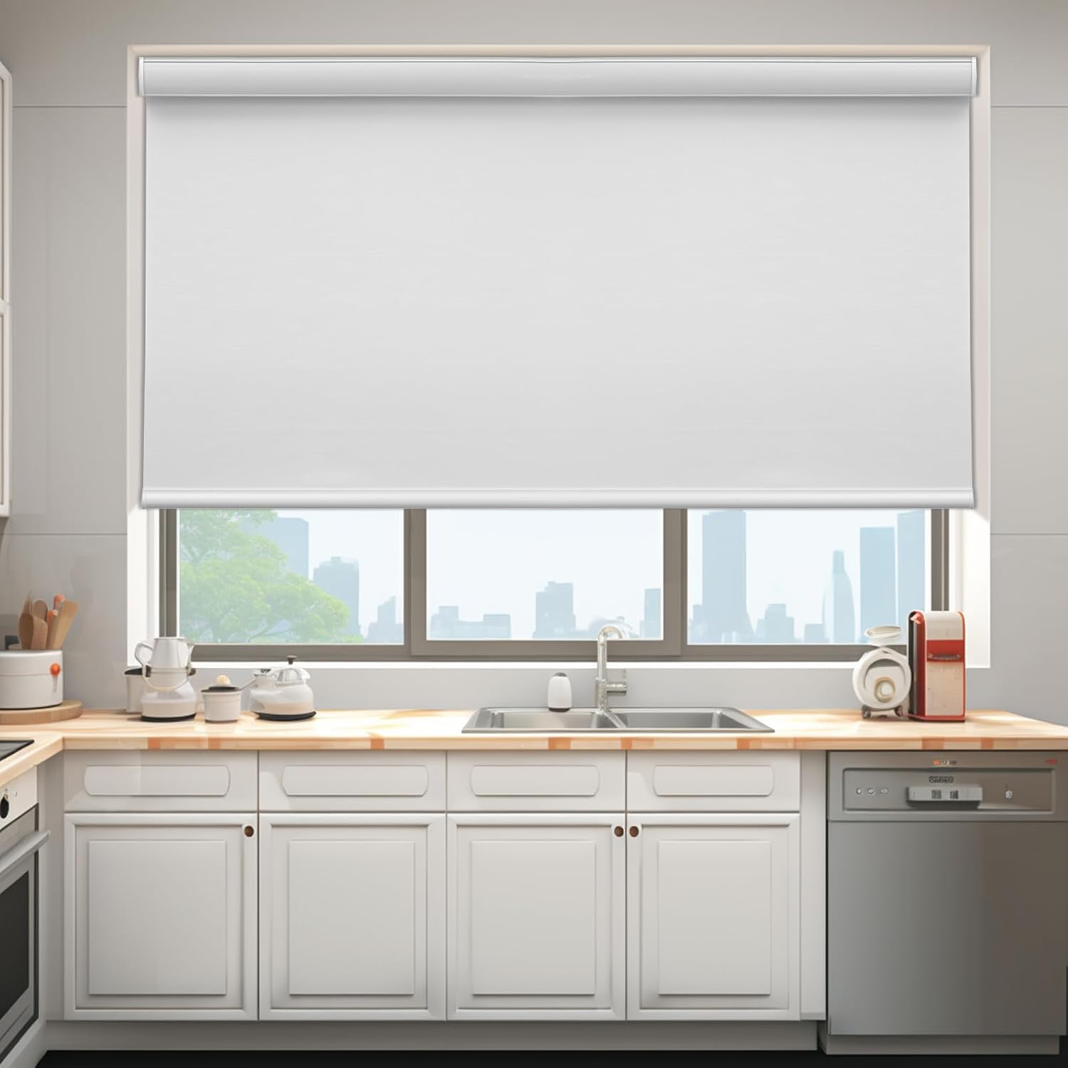 Changshade Custom Size Cordless Roller Shades, Blackout Roller Window Blinds with Thermal Insulated for Office, Living Room, Bedroom, Kitchen, Easy Installation,White