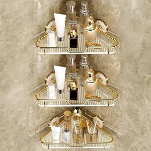 BAHELS Corner Shower Caddy Bathroom Shelf Toilet Washstand Golden Acrylic Triangle Storage Rack Without Punching Shower Caddy Organizer