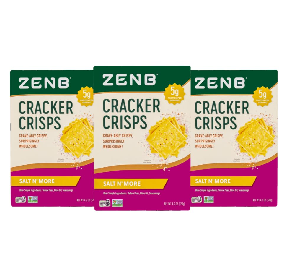 (BestvBy 03/15/2025) ZENB Cracker Crisps - Gluten Free Crackers Made From 100% Yellow Peas, Non-GMO, 5g of Protein & 3g of Fiber In Every 30g Serving - Salt N’ More - 4.2 oz Boxes (Pack of 3)
