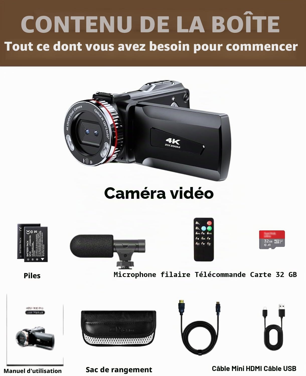 Caméscope Caméra Vidéo 4K 48MP, Zoom Numérique 21X Caméra de Vlogging à écran 3,0'' 270° pour Youtube, Camescope à Lumière avec 2 Piles, Microphone, Câble HDMI, Carte TF 32 Go