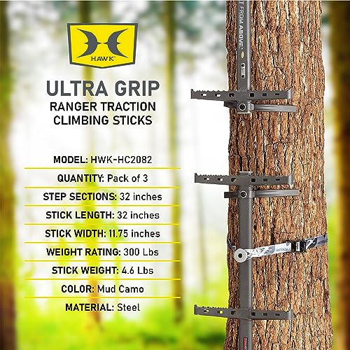Image of Hawk Traction Climbing Stick, 20 Foot Tree Climbing Hunting Gear with Double Traction Grip, Hunting Accessories for Tree Stands, Deer Stands, & Blinds