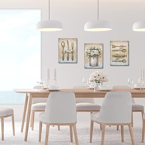 Miniatura 3 de 3 piezas de arte de pared de cocina vintage, pintura de utensilios de cocina, pintura retro, tenedor, cuchillo, cuchara, impresión en lienzo, arco