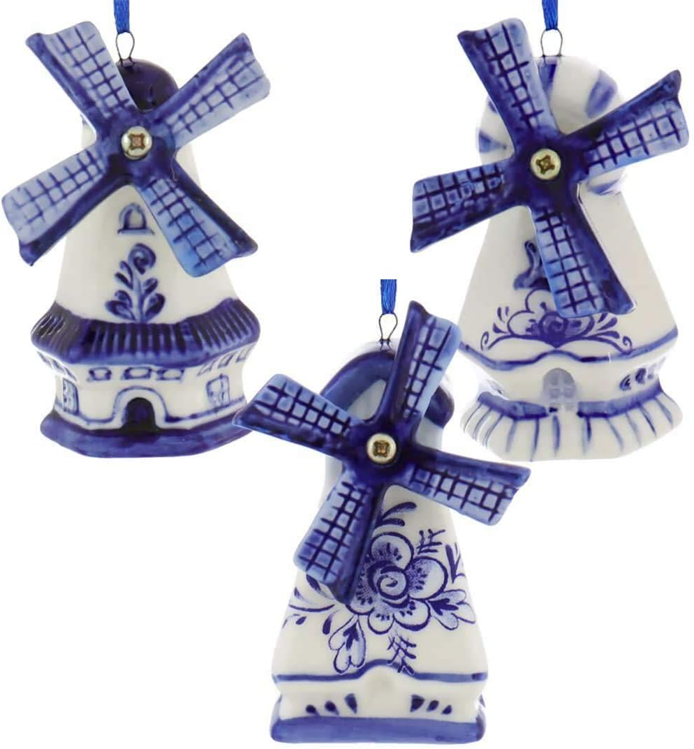 Delft Blue Windmill Ornaments, 3 Assorted