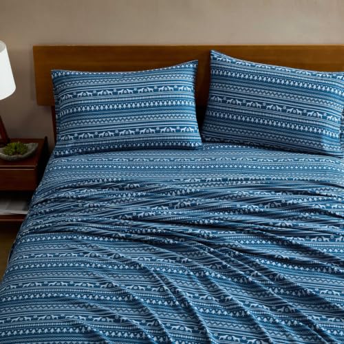 Image of Eddie Bauer - Full Flannel Sheet Set, Soft Brushed Cotton Bedding with Matching Pillowcases, Fully Elastic Fitted Sheet, Deep Pocket Bed Set, Breathable All-Season Comfort (Dog Sweater Stripe Blue)