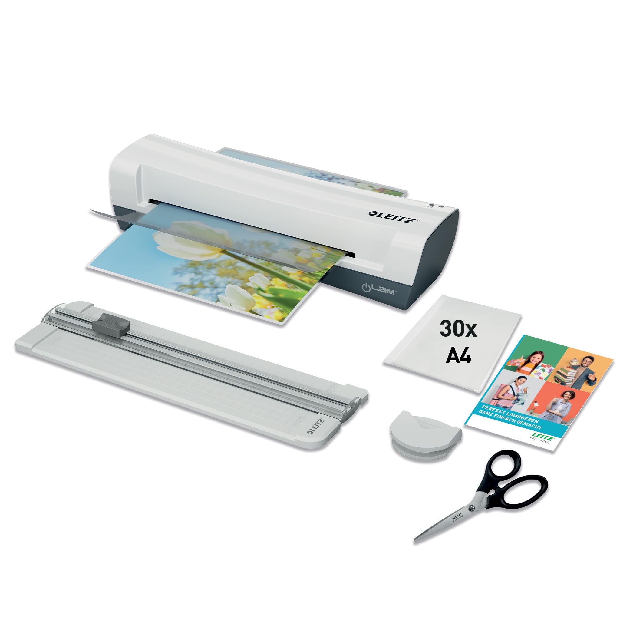 Leitz iLAM Home - Kit fai da te per plastificatrice A4, taglierina, forbici in acciaio inox e arrotondatore angolare, plastificatrice a caldo, con 30 buste per plastificazione, 75-125 micron, per casa