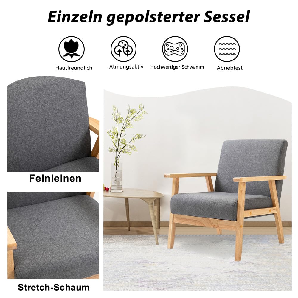Mingone 2er Set Sessel Gepolsterter Cocktailsessel Skandinavischer Stil Loungesessel Modern Einzelsofa Massivholz für Wohnzimmer Schlafzimmer Grau