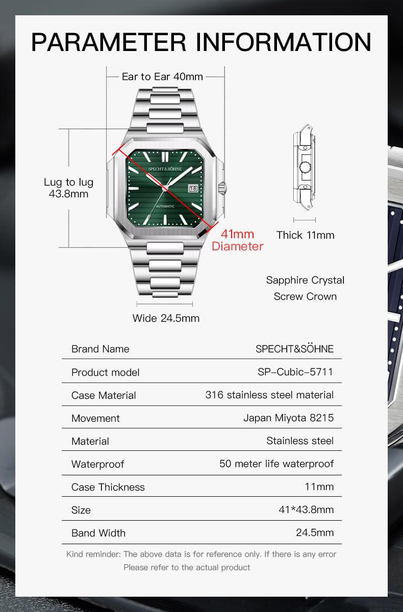Specht & Söhne Quadrato Cubico Orologi per Uomo Giappone Miyota 8215 Movimento 40MM Mens Meccanico Automatico Acciaio Inox Vetro Zaffiro Impermeabile 50M
