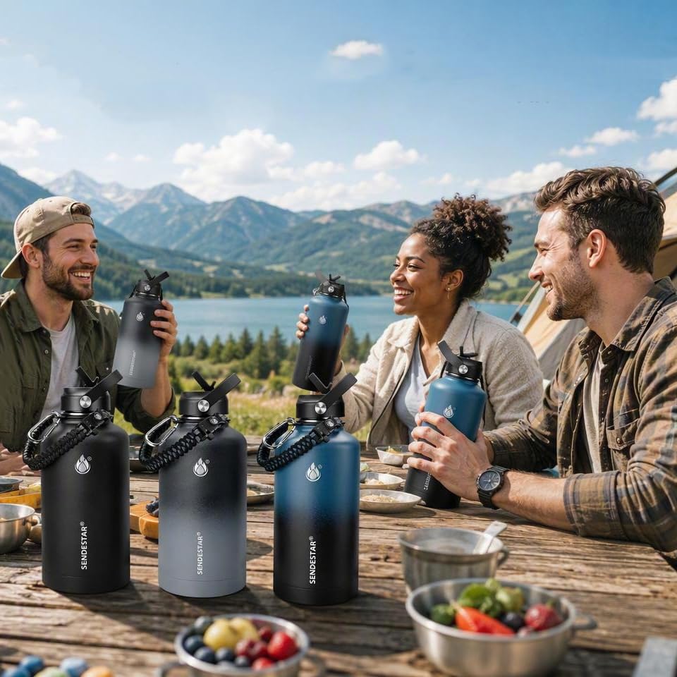 Image of One Gallon Insulated Water Bottle, Triple Wall 128 oz Stainless Steel Wide Mouth Water Bottles (Cold for 48 Hrs), Leak Proof, Non-BPA, Large Water Flask Jug with Paracord Handle & Straw Spout Lids