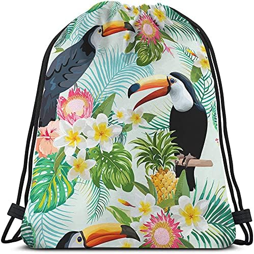 Beabes Toucan Birds Drawstring Bags Backpack Bag Flowers Tropical Palm Leaves Pineapple Hibiscus Seamless Pattern Sport Gym Sack Drawstring Bag String Bag Yoga Bag for Men Women Boys Girls