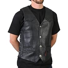 Hot Leathers Mens Black Buffalo Nickel Snap Leather Vest with Side Laces & Braided Detail
