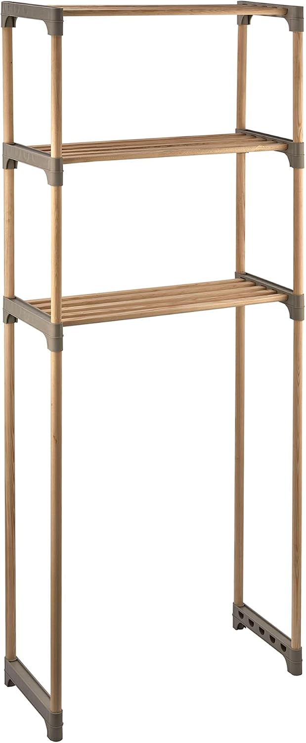 Honey-Can-Do 3-Tier Wood Over-the-Toilet Storage Shelf, Natural | Space-saving natural wood shelf fits over toilet or laundry. 2 slatted shelves + hanging bar. Tool-free build for baths.