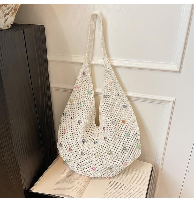 Image of Boho Crochet Beach Tote Shoulder Bag with Colored Beads | Colorful Aesthetic Hippie Knit Bag for Women