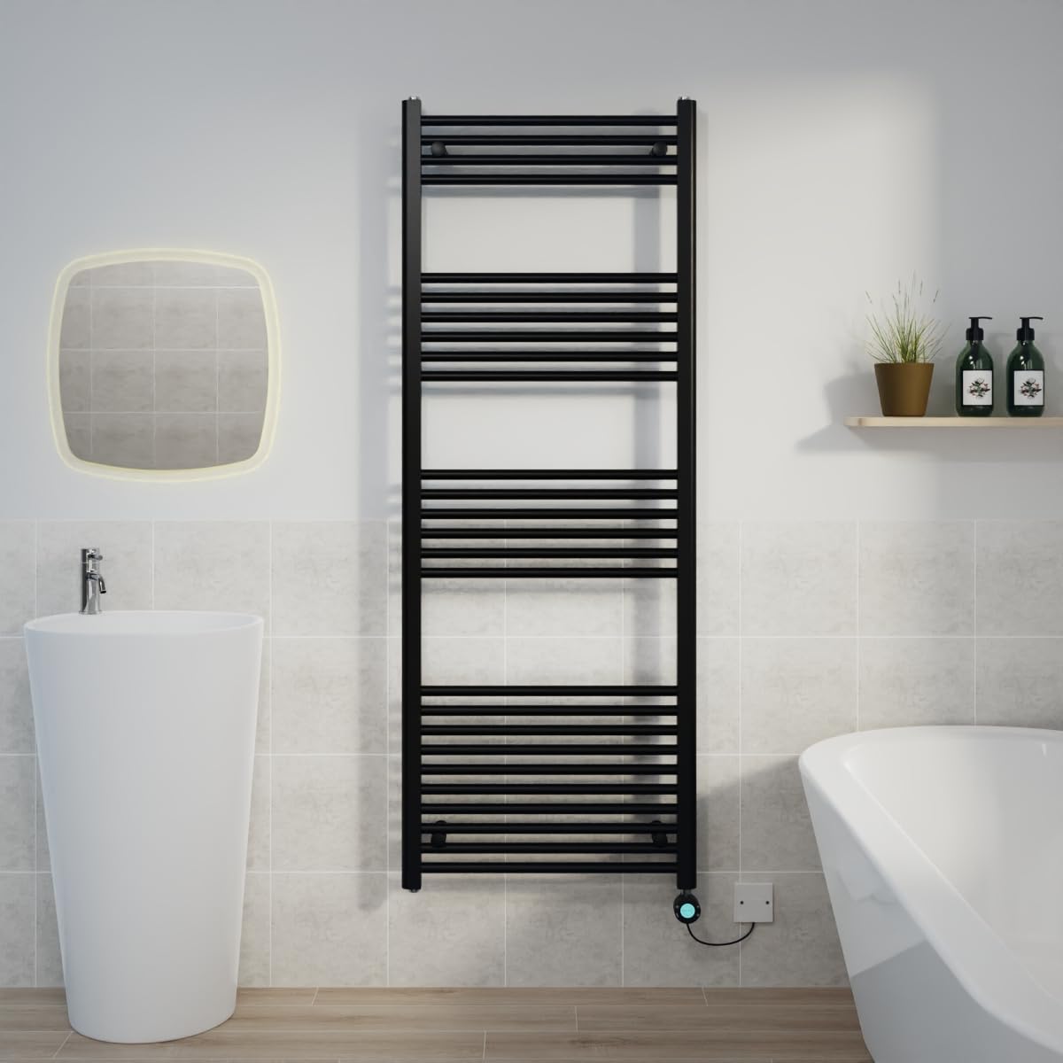 Warmehaus Black Electric Heated Towel Rail Straight Thermostatic Bathroom Towel Radiator with Timer - 1600x600mm 800W
