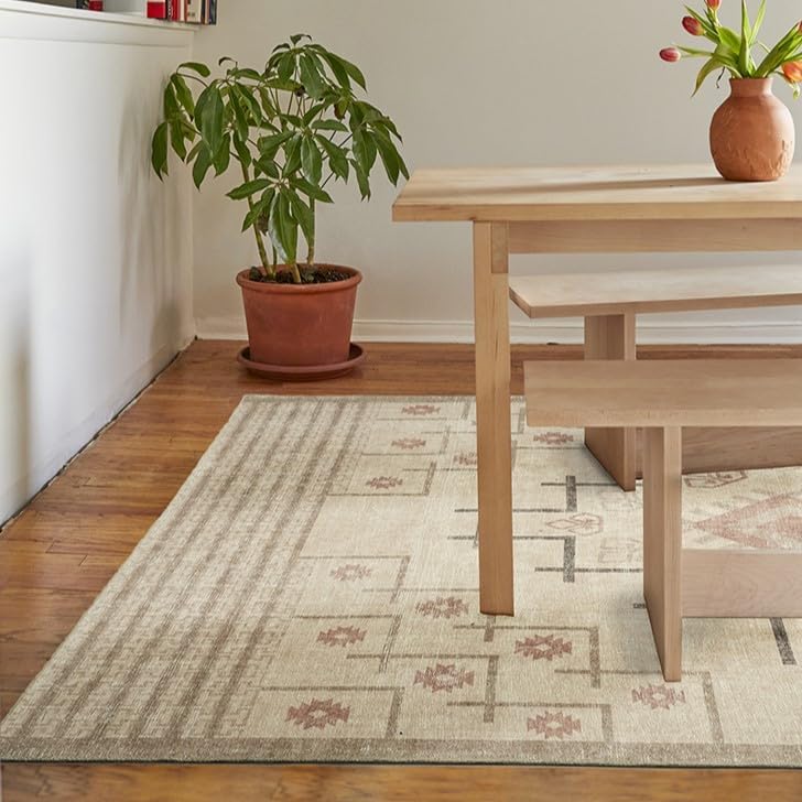 Revival Rugs Funk 4'x6' Zero-Shedding Area Rug for Living Room Bedroom - Oeko-TEX Certified, Low Pile, Spot Clean, Beige, Cream Beige/Cream 3'9" x 6' (Rectangular)