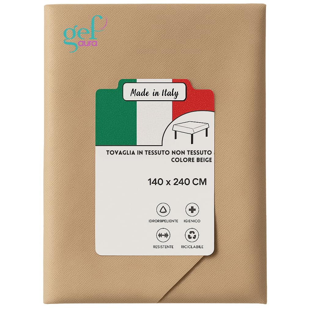 Gef Aura - 12 Tovaglie Monouso TNT 140x240 cm Beige, Tovaglia per Ristoranti, Catering, Mense ed Eventi, Idrorepellente, Traspirante, Resistente, Certificata Oeko-Tex® Classe I, Made in Italy