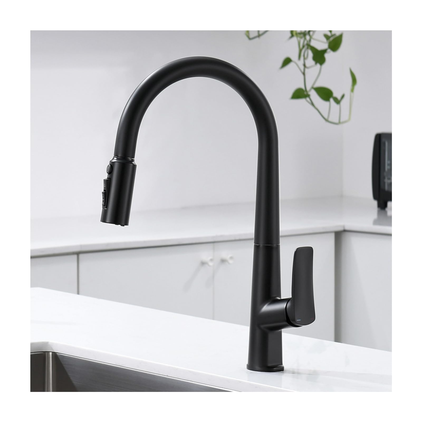 Robinet de cuisine noir à col de cygne avec douchette extractible en laiton pour évier moderne