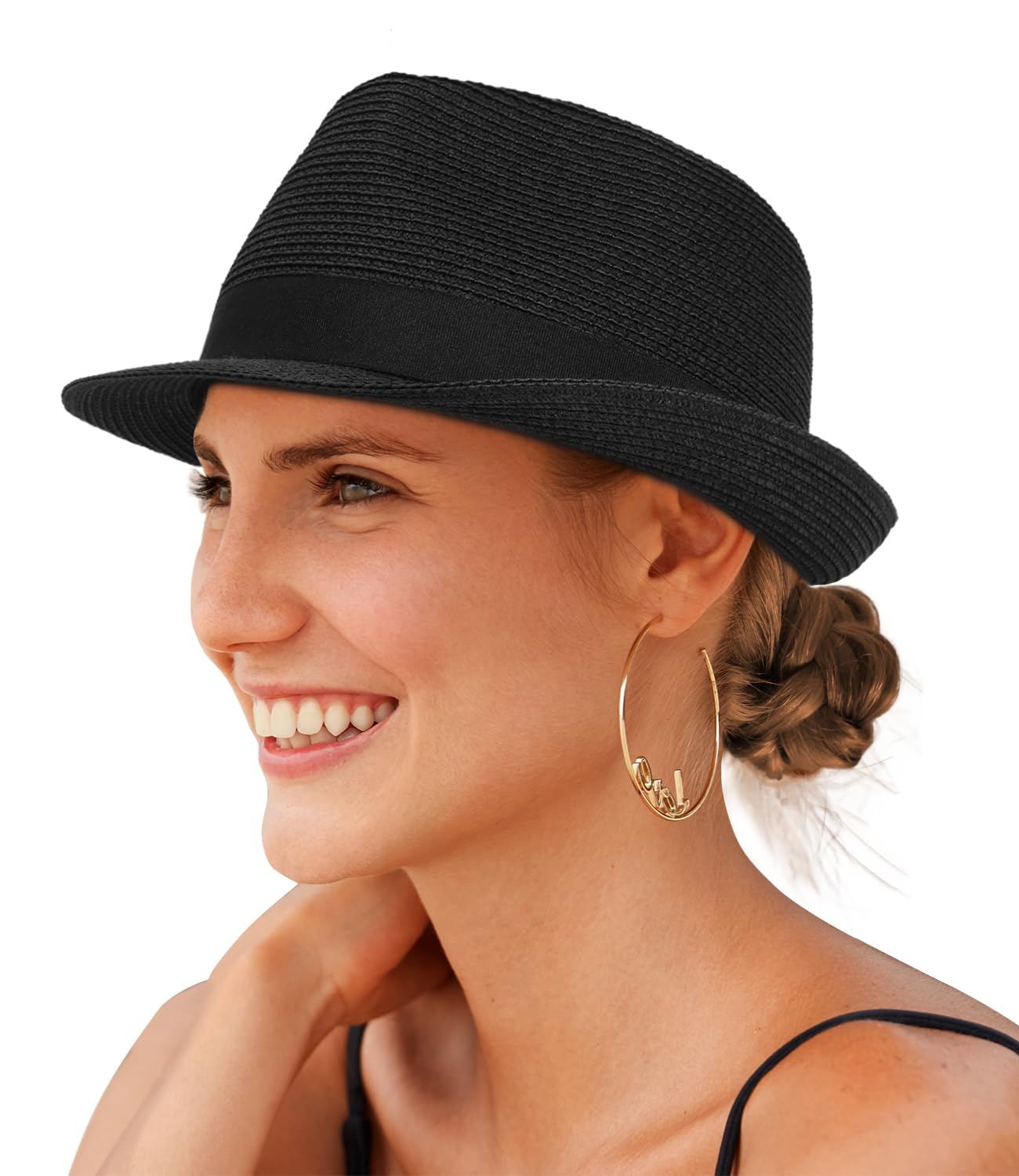 Creekstone Straw Fedora Sun Hat for Women Men Short Brim Panama Trilby Beach Hat Packable Summer Hat UPF 50+ (UK, Alpha, M, Black)