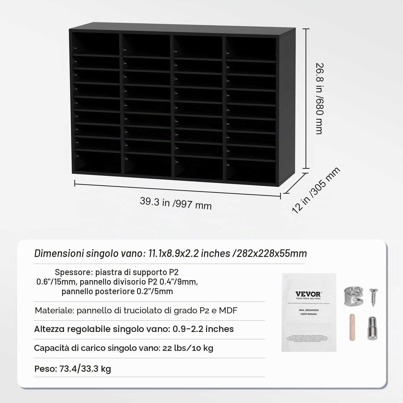 VEVOR Organizzatore per Documenti in Legno 36 Scompartimenti Nero Carico Singolo 10kg Rimovibili e Regolabili, Portadocumenti 99,7 x 30,5 x 68 cm per Libri Documenti Fumetti Moduli 36 Scompartimenti