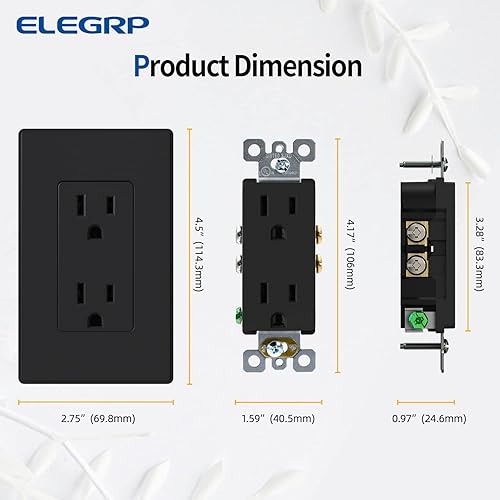Miniatura 5 de ELEGRP Enchufe eléctrico de pared decorativo estándar negro mate, 15 A, 125 V, 2 polos, 3 cables, no resistente a manipulaciones, NEMA 5-15R,