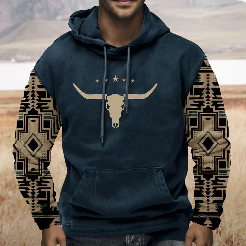 Western Cowboy Hoodie Mens Aztec Vintage Ethnic Sweatshirt Casual Fall Long Sleeve Drawstring Trendy Hooded Sweatshirt - Image 2