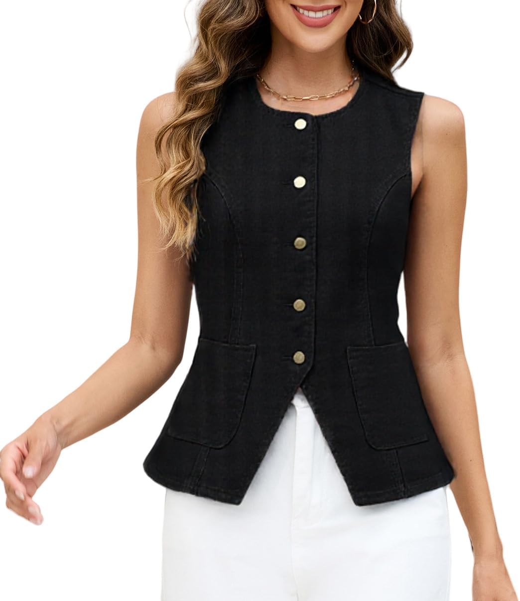 Ladyful Womens Denim Vest Top Sleeveless Jean vest Button Down Western Denim Waistcoat Suit Top