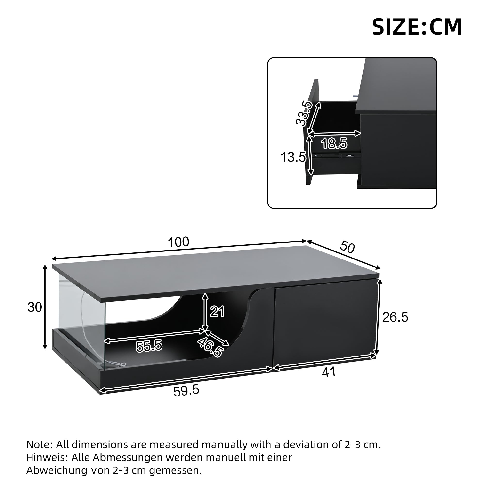 Merax Table Basse LED avec 2 tiroirs, Table de Salon Haute Brillance avec Plateau en Verre trempé, Table de café Moderne avec éclairage RGB contrôlé par Application, Couleur Noire,100×50x30 cm