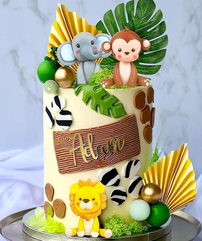 JeVenis Décorations Gâteau Thème Jungle - 4 Animaux, Panneau "Happy Birthday", Arc-en-ciel - Pour Anniversaire Enfant, Baby Shower