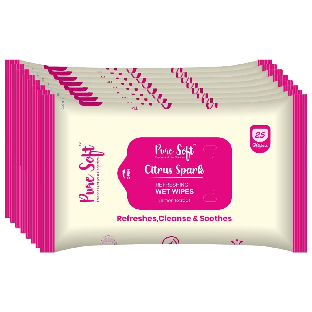 Pure Soft Citrus Spark Refreshing Wet Wipes 25N Each - Pack of 8 | Wet Wipes for Face with Lemon Extract & Aloe Vera Extract | Makeup Remover Wipes | Hydrating, Refreshing, Soothing | Paraben & Alcohol Free-image-10