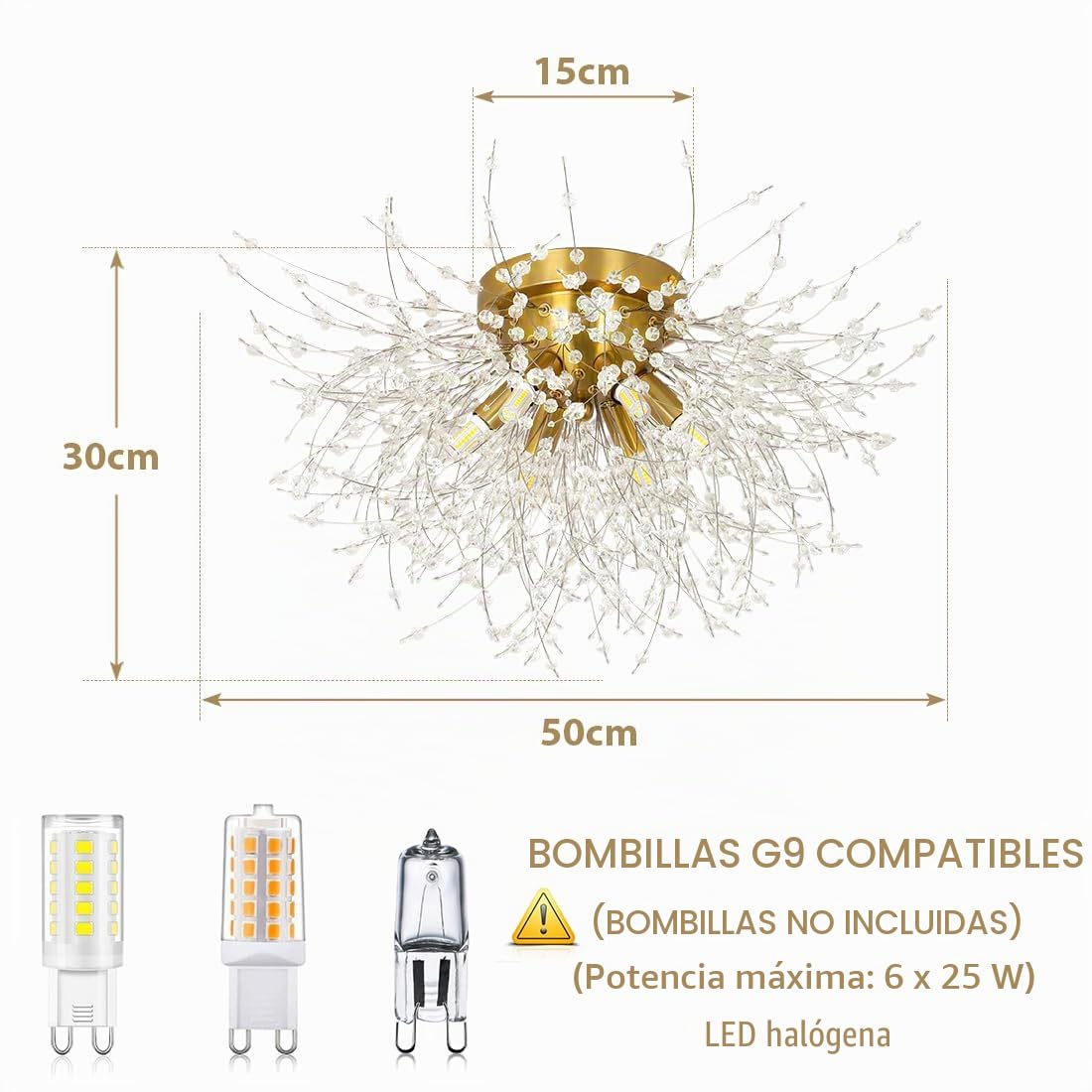 Rayofly Moderna lámpara de techo de cristal, fuegos artificiales diente de león Sputnik araña 6 lámparas G9 regulable dorado colgante lámpara colgante para dormitorio, salón, comedor, cocina, pasillo