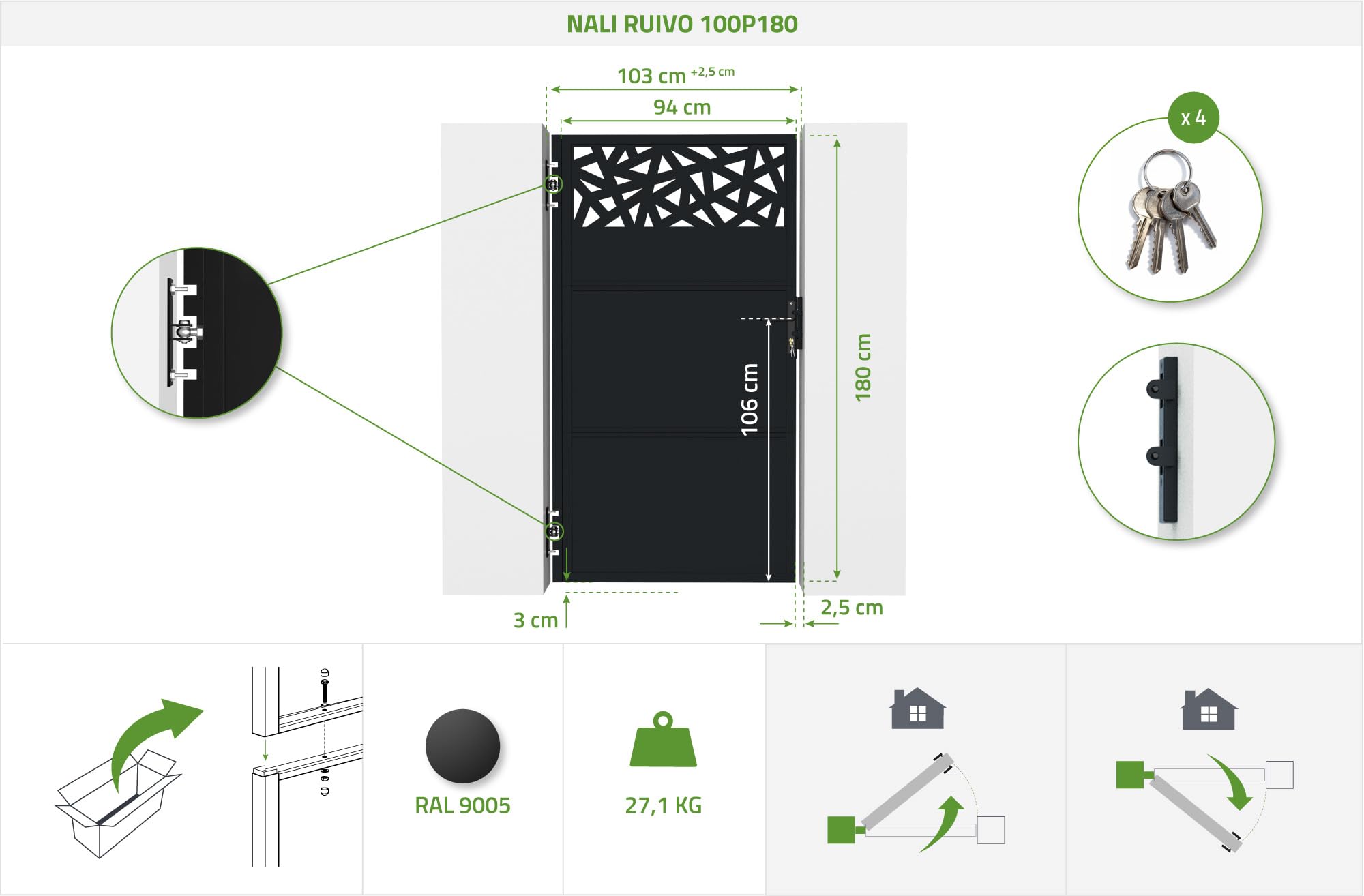 Casanoov Portillon acier 1m NALI RUIVO H.180cm noir mat