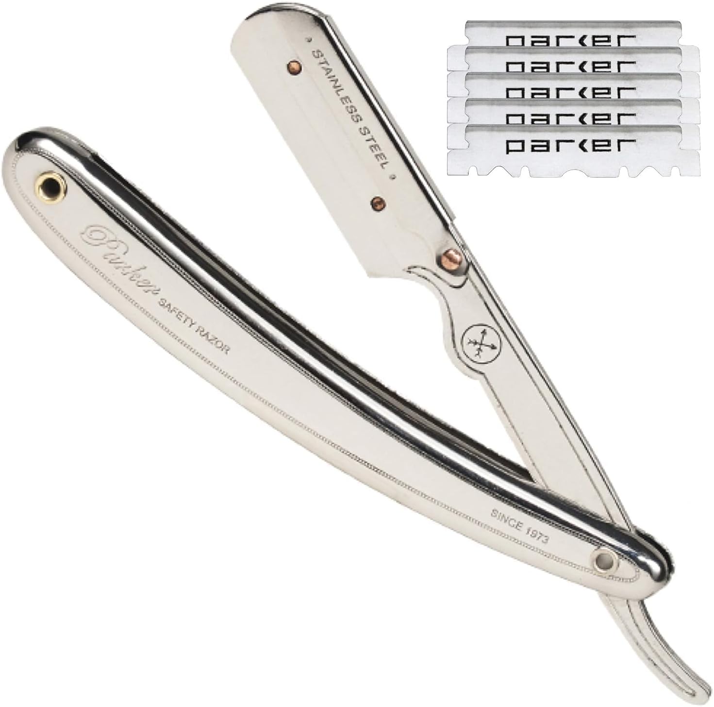 Parker SR1 Stainless Steel Straight Edge Barber Razor – Professional Shavette for Barbers & Home Use with 5 Premium Platinum Half Blades – Replaceable Blade Straight Razor for Close, Smooth Shaves