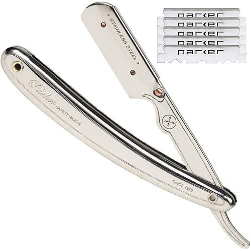 Parker SR1 Stainless Steel Straight Edge Barber Razor – Professional Shavette for Barbers & Home Use with 5 Premium Platinum Half Blades – Replaceable Blade Straight Razor for Close, Smooth Shaves