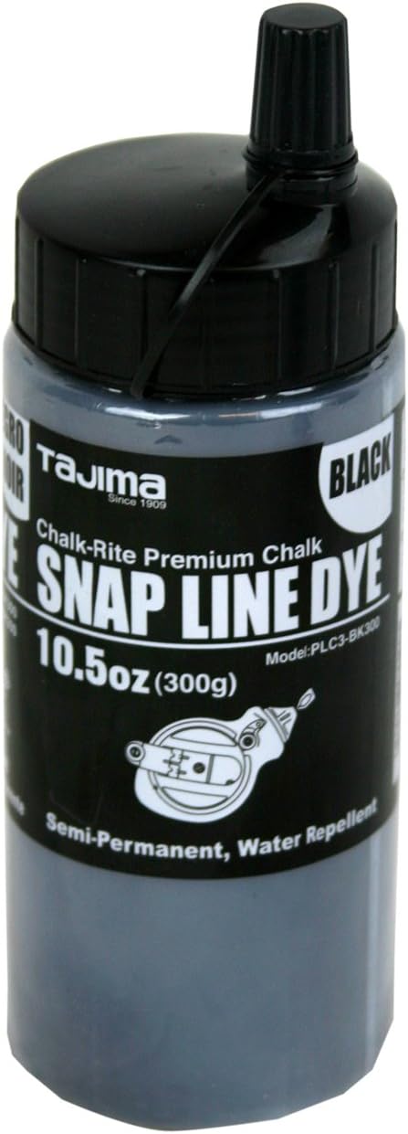 TAJIMA Marking Chalk - Black 10.5 oz (300g) Semi Permanent Snap-Line Dye with Durable Bottle & Easy-Fill Nozzle - PLC3-BK300