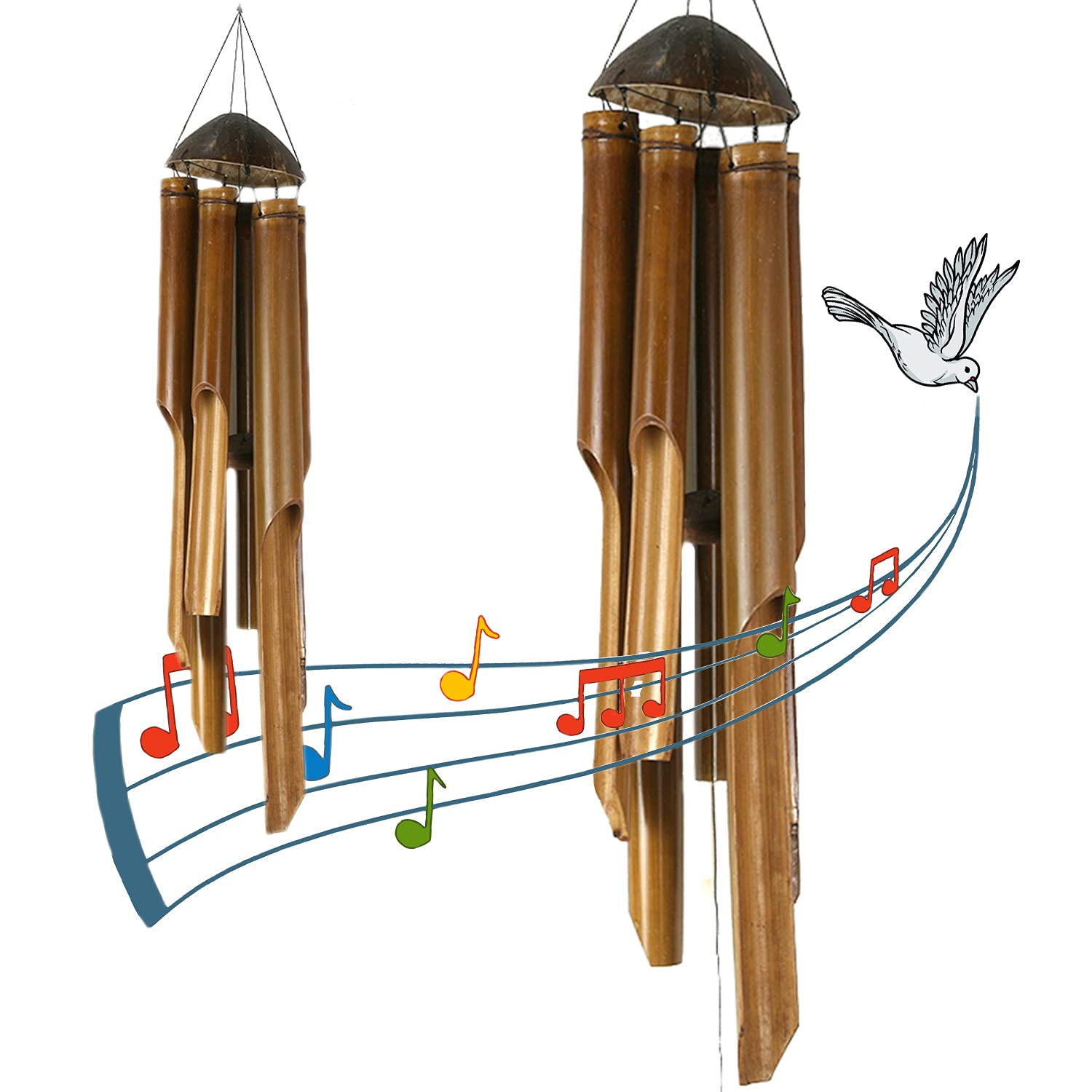 Bambus Windspiel Set 90 + 100 cm aus Bali | 2 handgefertigte Klangspiele aus Naturbambus & Kokosnuss | Wetterfeste hängende Windspiele für draußen, Garten, Balkon & Terrasse