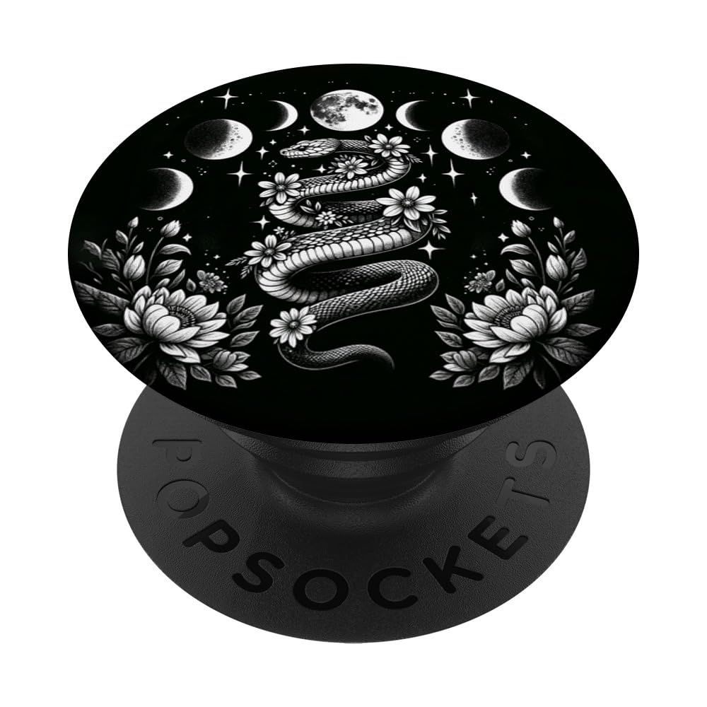 Witchy Snake Vertical Floral Moon Phase Black And White PopSockets Adhesive PopGrip