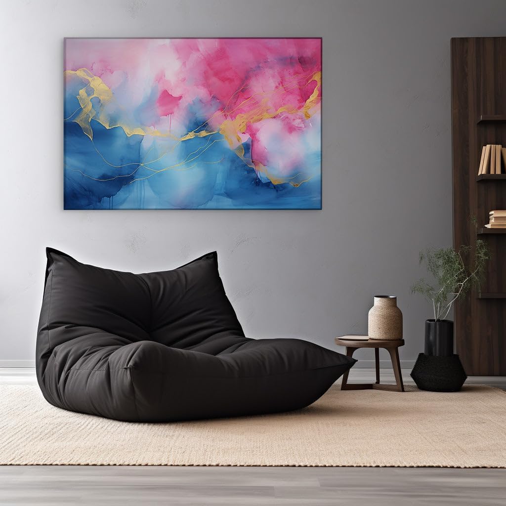 Canvas for Living room. Vibrant Interplay of Blue and Pink with Luxurious Gold Accents Unleashes Energy and Creativity, 27 x 18 inch Canvas Wall Art - Ready to Hang