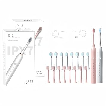 JIMBOBO 2 Pack Sonic Electric Toothbrush for Adults and Kids, Rechargeable Electric Toothbrushes with 16 Brush Heads, 6 Modes, 2 Minutes Smart Timer, 4 Hours Fast Charge for 60 Days White+Pink
