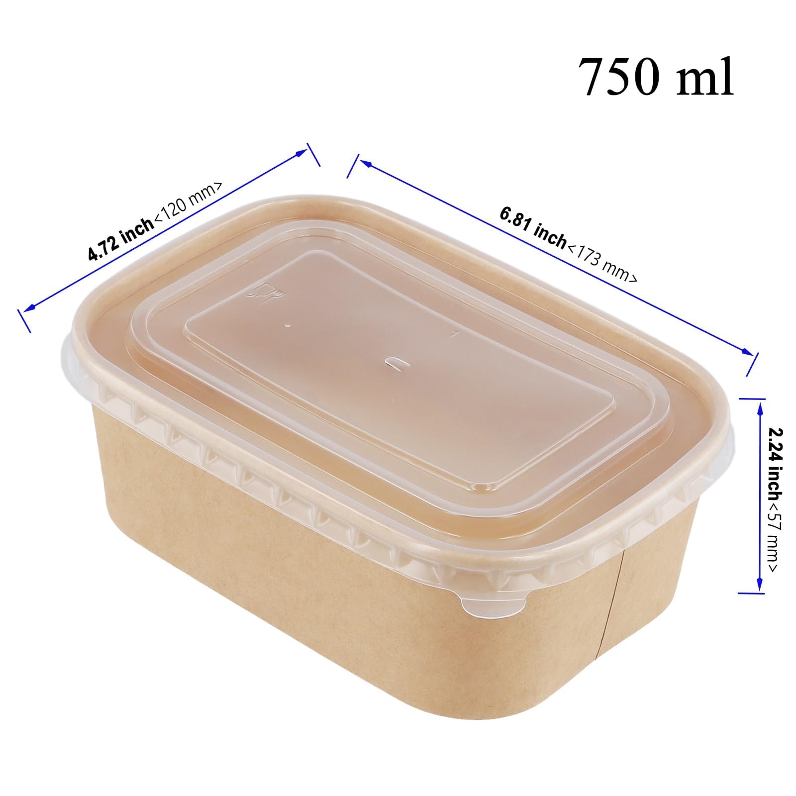 Paquete de 75 recipientes de comida kraft de 750 ml con tapas de plástico, cajas rectangulares para llevar, cajas de comida para llevar, almuerzo de fitness, ensalada