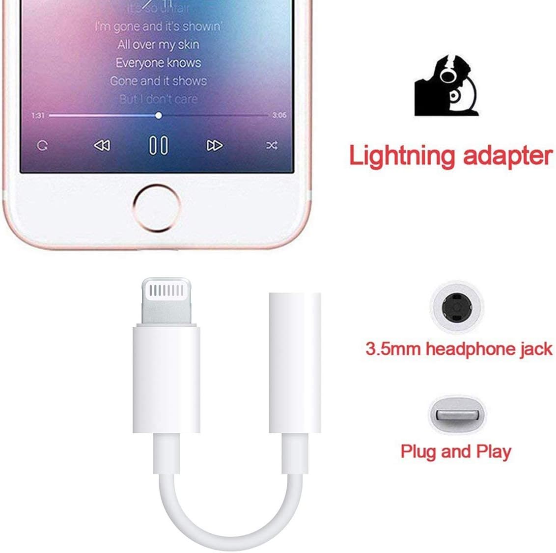 iPhone Headphone Adapter (2 Pack)[Apple MFi Certified] for iPhone 7/7Plus/8/8Plus/X/Xs/XR/11 pro/SE Adapter Headphone Jack, Lightning Dongle to 3.5 mm Headphone Adapter Jack Compatible with All iOS