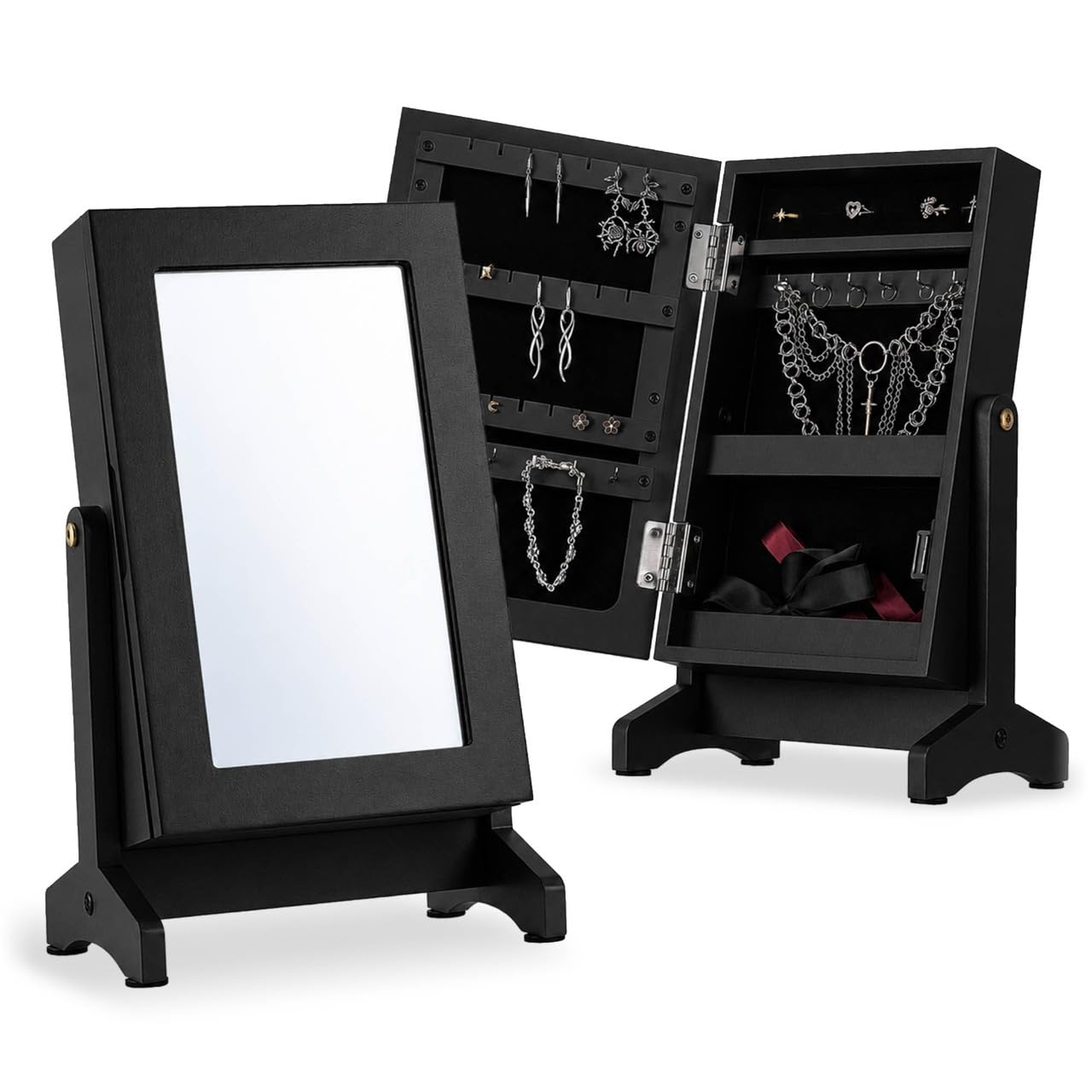 KADAX Boîte à bijoux avec miroir, 21 x 15 x 30,5 cm, boîte en panneau MDF, boîte à bijoux avec pieds, étui à bijoux pour chaînes, bagues (noir)