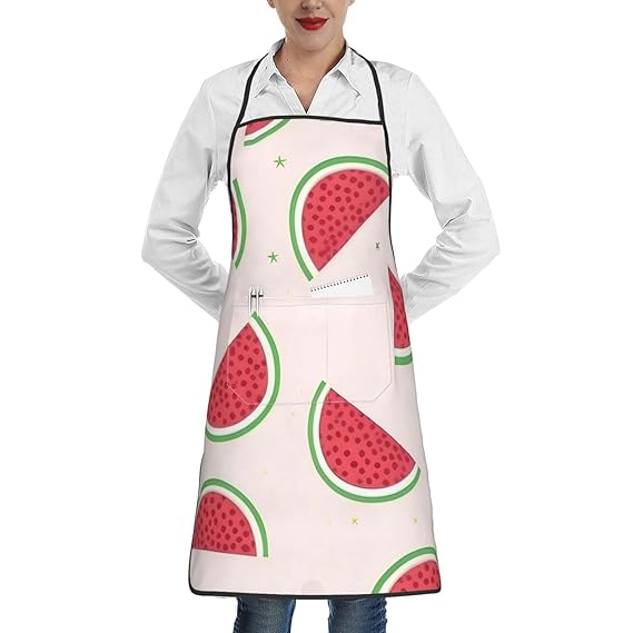 MYGANN Pink Watermelon Unisex Waterproof Stain Resistant Apron With Pockets For Kitchen Restaurant Hotel Barbecue, White, One Size