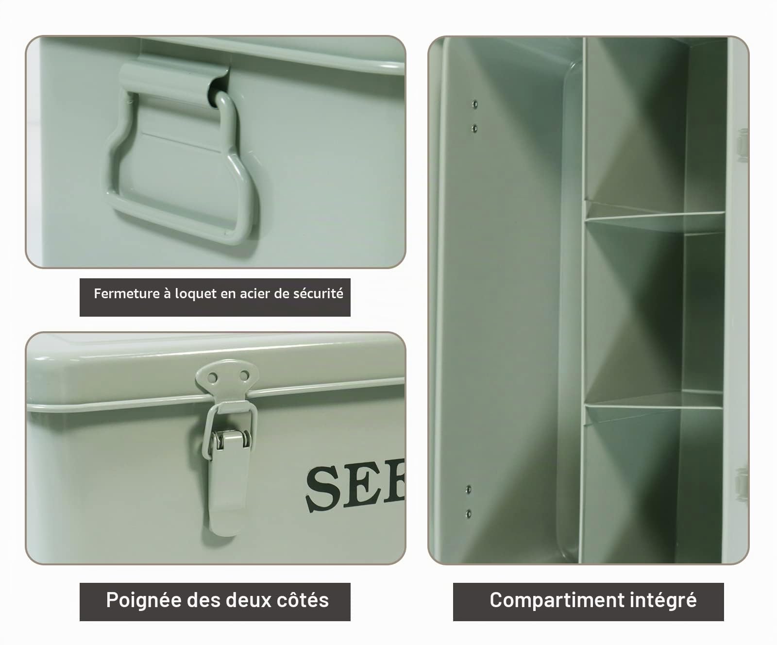 Boîte de rangement de graines en métal avec poignées latérales et couvercle, 4 compartiments et verrouillage de sécurité, cadeau de jardinage pour jardiniers (vert)