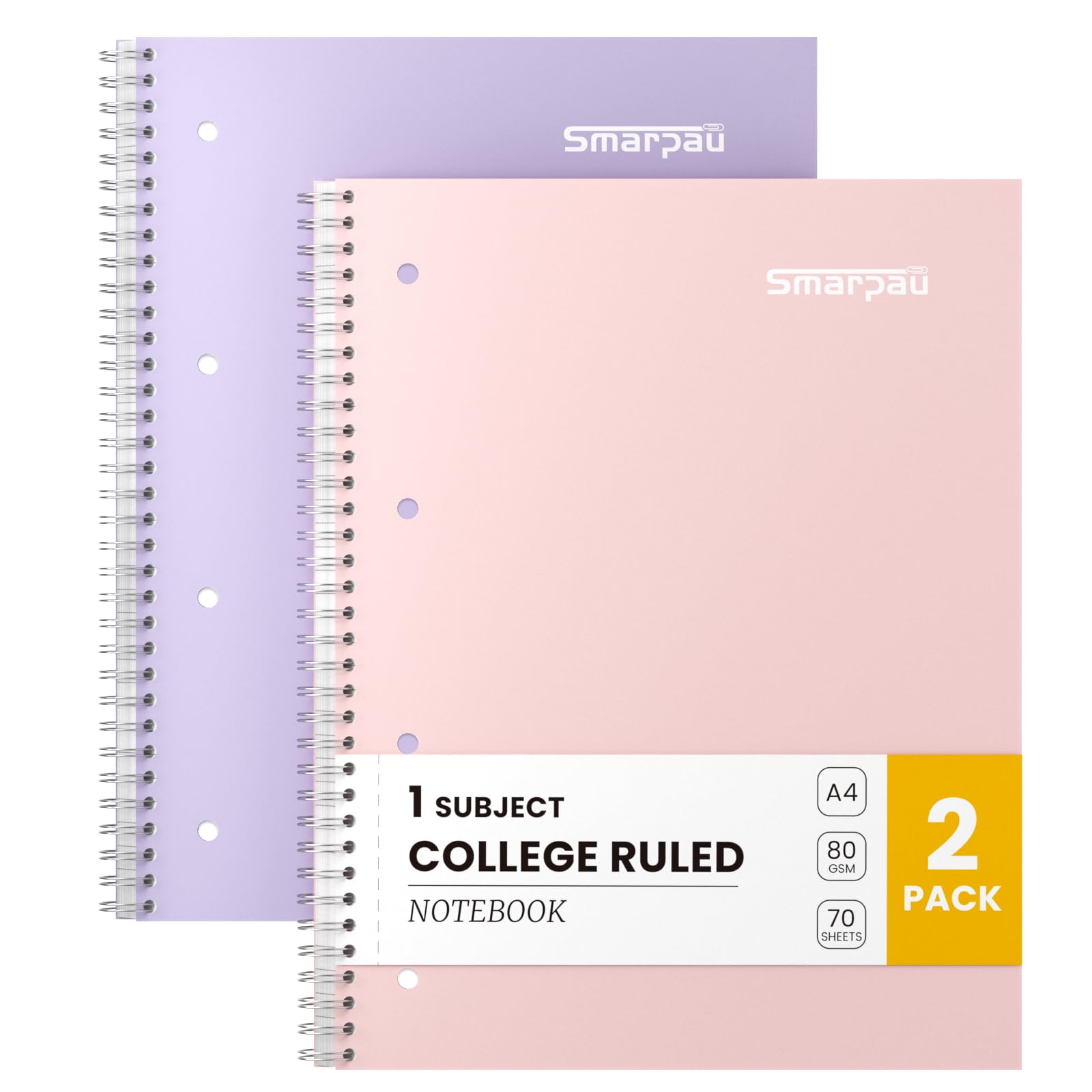 Smarpau Notebook A4, 8 mm Lined with Margin, 2 Pack Wirebound Notebook with 80GSM Paper, 140 Pages College Ruled Journal with Perforated Edges - Pink+Purple — image 1