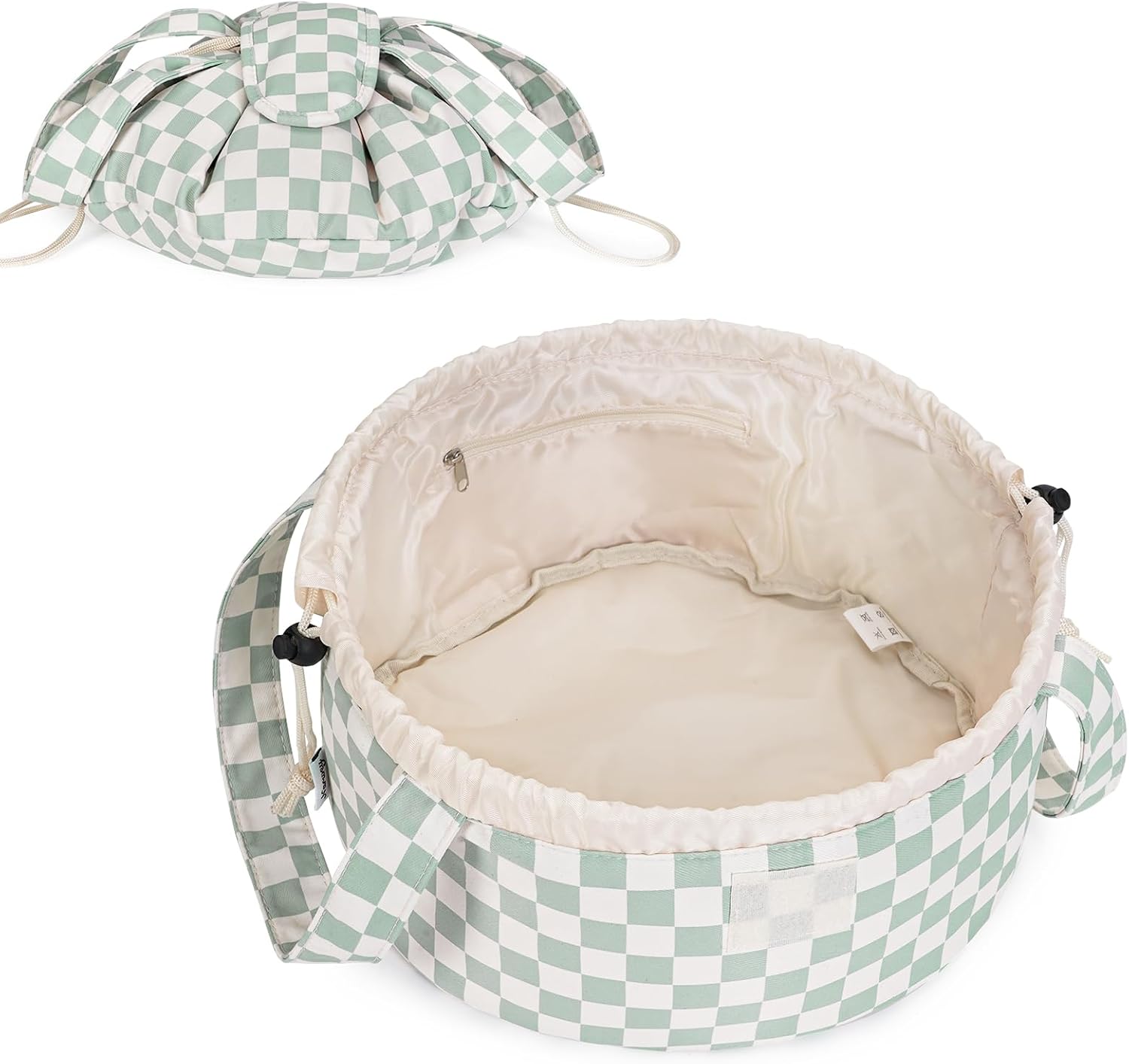 Product image of Narwey Barrel Drawstring Checkered Makeup Bag Large Cosmetic Bag Make up Bags Toiletry Bag Travel Bags for Toiletries Organizer for Women Gift for Teen Girls (Mint Green Checkerboard) (Patent)