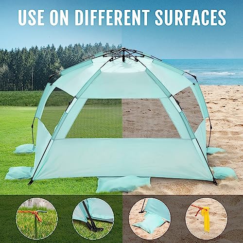 WhiteFang Deluxe XL Pop Up Beach Tent Sun Shade Shelter for 3-4 Person, UV Protection, Extendable Floor with 3 Ventilating Windows Plus Carrying Bag, Stakes, and Guy Lines (Mint Green) - Image 8