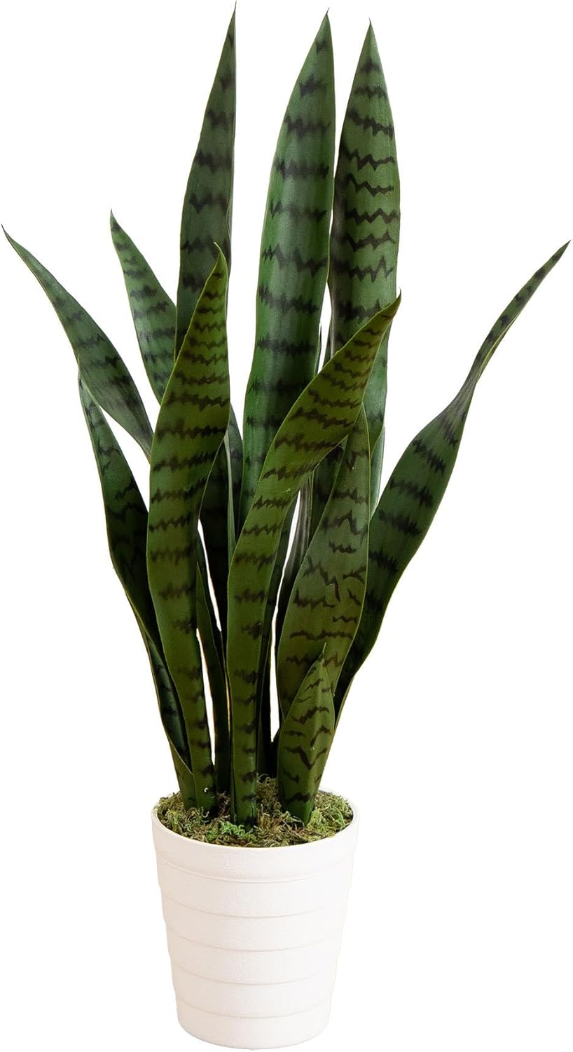 Nearly Natural 2-ft Artificial Snake Plant for Outdoors, Indoor/Outdoor UV Resistant Sansevieria, 24-in Faux Snake Plant for Outdoor Porch and Deck Decor in White Decorative Planter
