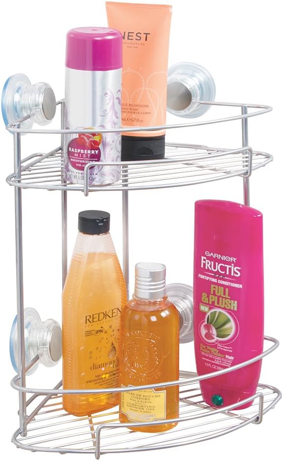 mDesign Suction Bathroom Shower Caddy Corner Basket for Shampoo, Conditioner, Soap - 2 Tiers, Silver