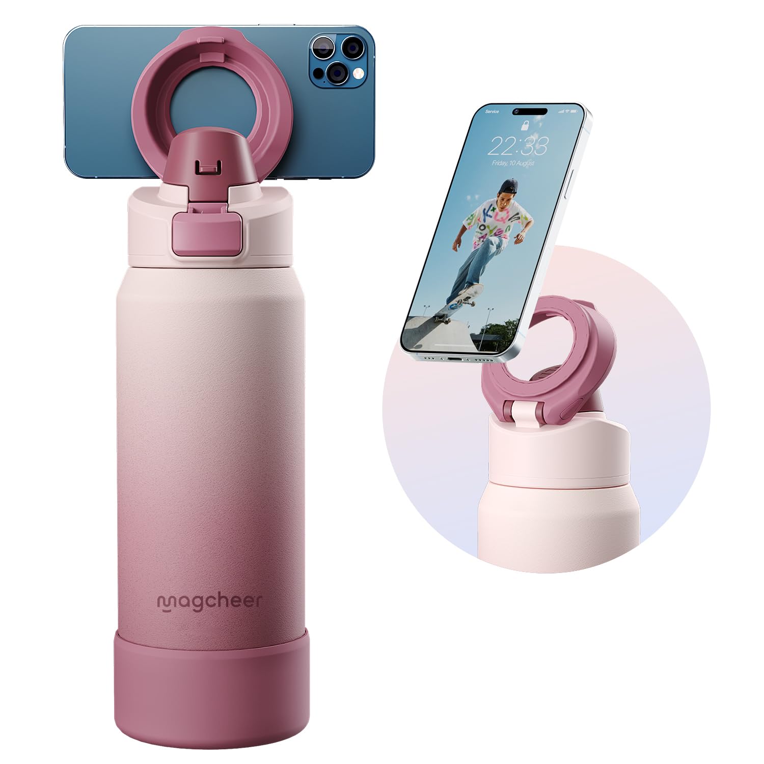 magcheer 1L Magnetic Water Bottle with Phone Holder Compatible with MagSafe Insulated Gym Cold Drink Bottle for 24 Hours Tripod Bottle for Travel & Fitness Selfie(Blush Pink)