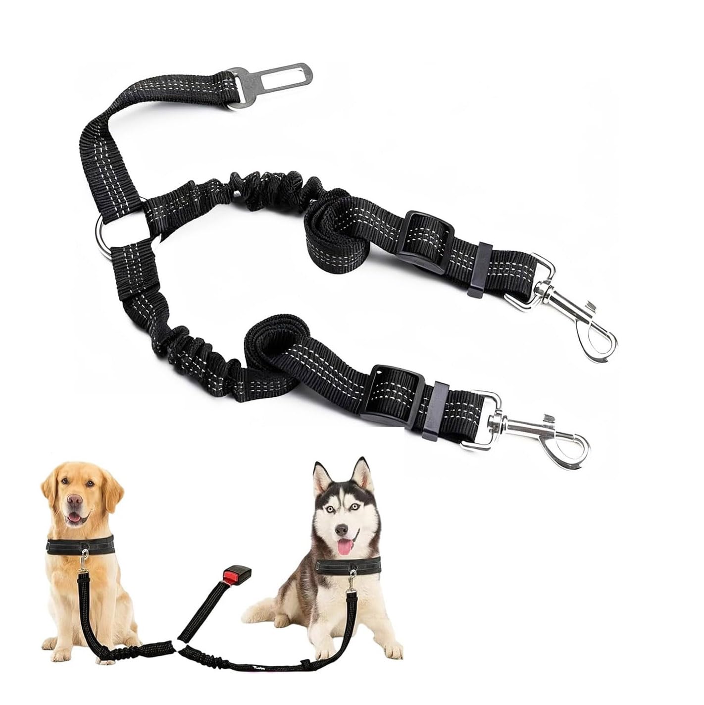 2 en 1 Cinturón para Perro Coche, Elástico de Doble Cabeza Cinturón de Seguridad para Perros, Ajustable con Correa Reflectante y Hebilla Universal para Coche