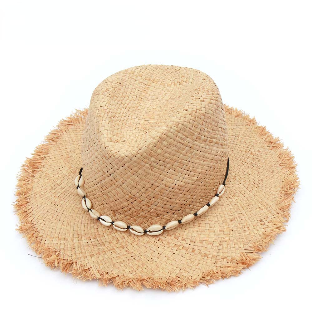 MapofBeauty N/A/A Sombreros de Panamá de las mujeres de la manera con concha natural de la concha de la rafia del sombrero de playa de la paja del verano del visera del sol gorras al por